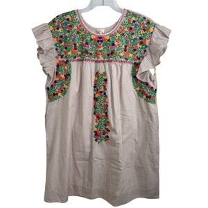 Layerz Clothing Embroidered Striped Shift Dress Womens XL Tan White Ruffle Boho